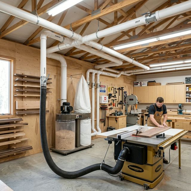 Professional woodworking shop with ceiling-mounted PVC ductwork dust collection system, cyclone separator, and blast gates connecting to a cabinet table saw
