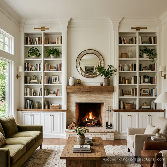 Beautiful built-in bookshelves flanking a fireplace in a living room