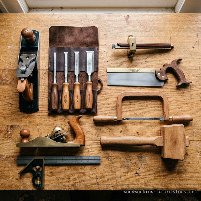 Essential woodworking hand tools: smoothing plane, bench chisels, dovetail saw, marking gauge, combination square, and mallet