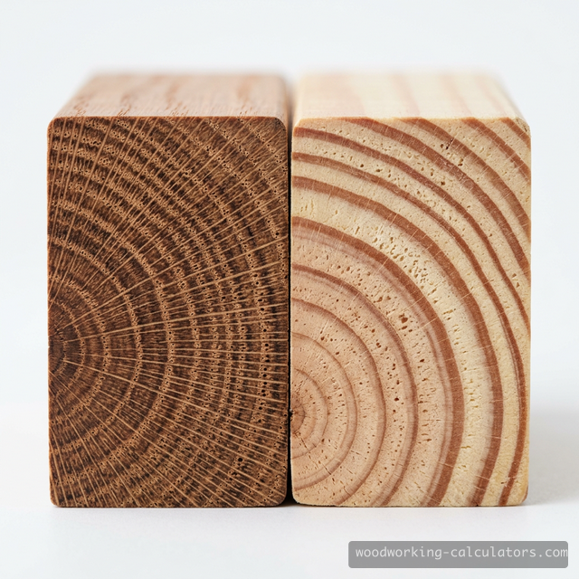 End grain comparison: dense hardwood (left) vs wider-ringed softwood (right)