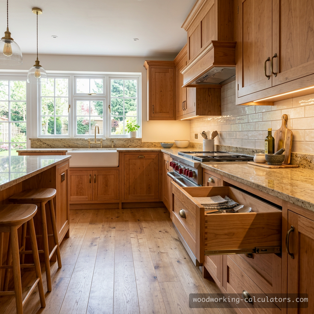 Custom cherry wood kitchen cabinets with dovetailed drawer boxes
