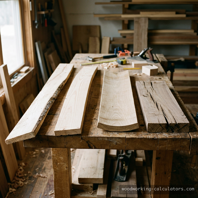 Common lumber defects laid out on a workbench: twisted, bowed, cupped, and checked boards