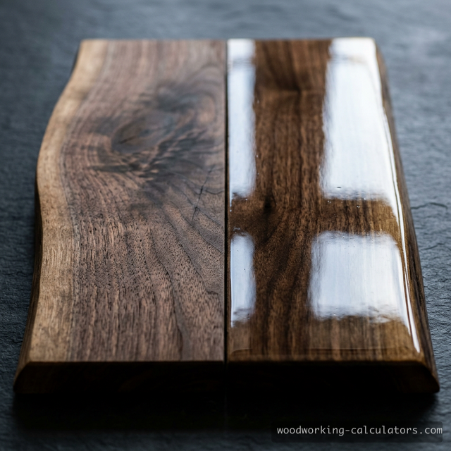 Same walnut piece: matte oil finish (left) vs glossy polyurethane film finish (right)