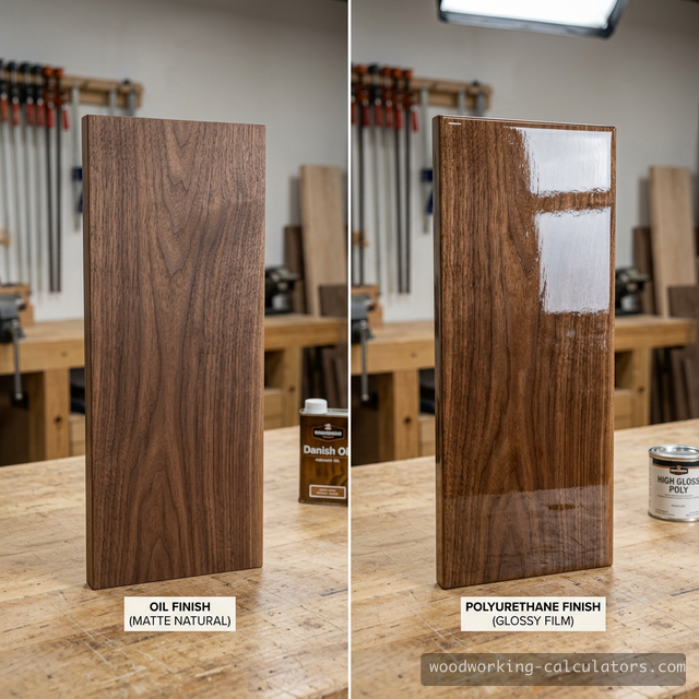 Side-by-side comparison of oil finish and film finish on the same wood species