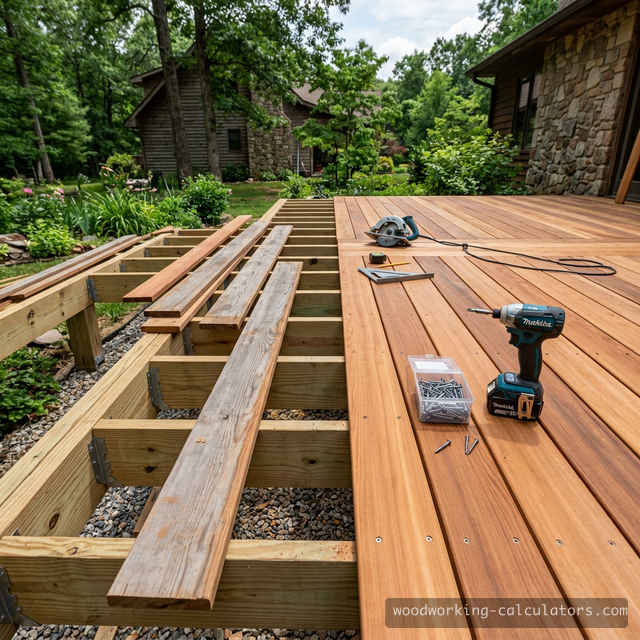 Cedar deck under construction showing joists, partially laid deck boards, and stainless steel hardware