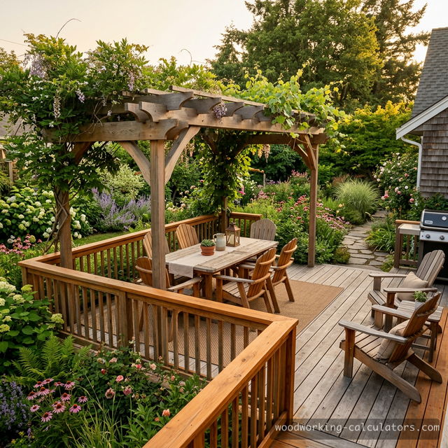Cedar deck with Adirondack chairs, dining table, and wooden pergola in a lush garden setting