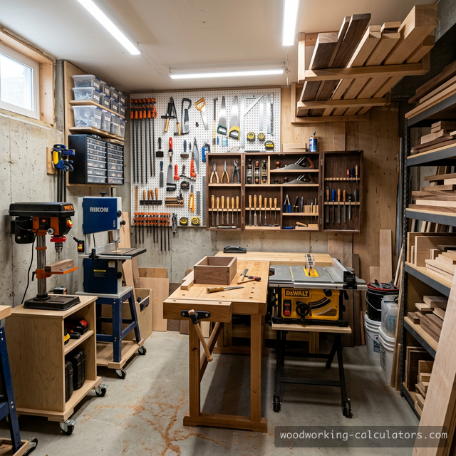 Compact woodworking workshop maximizing every inch with mobile tools and wall storage