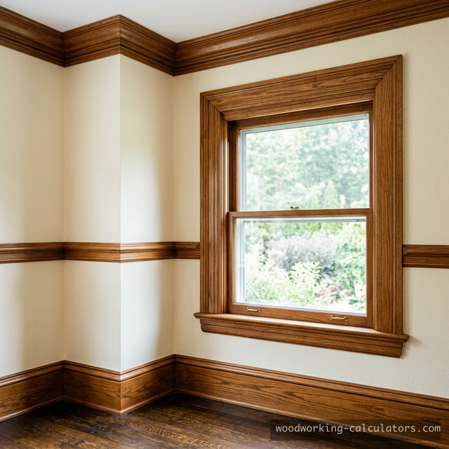 Room showing crown molding, chair rail, window casing, and baseboard trim in stained oak