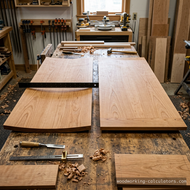 Cupped tabletop panel compared to a properly constructed flat panel, demonstrating seasonal wood movement