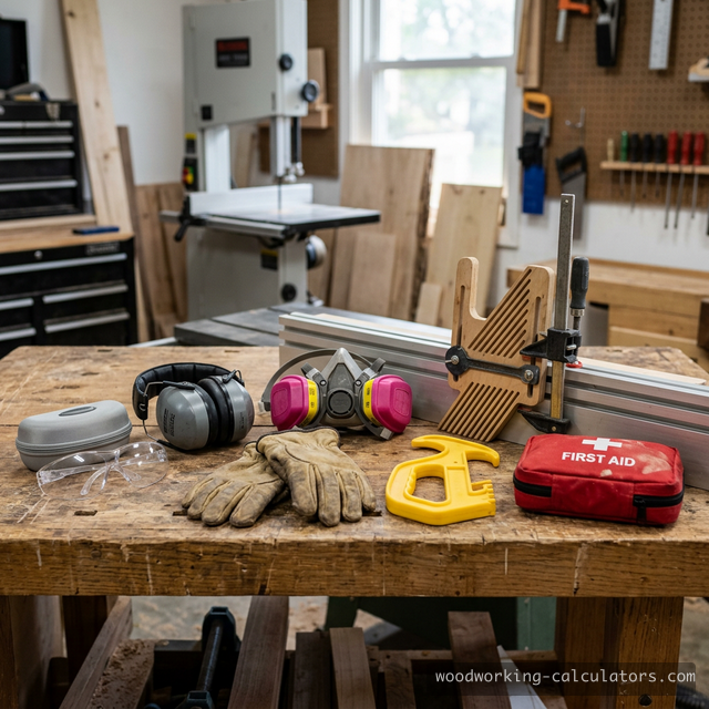 Workshop safety equipment: safety glasses, hearing protection, respirator, gloves, push stick, featherboard, and first aid kit