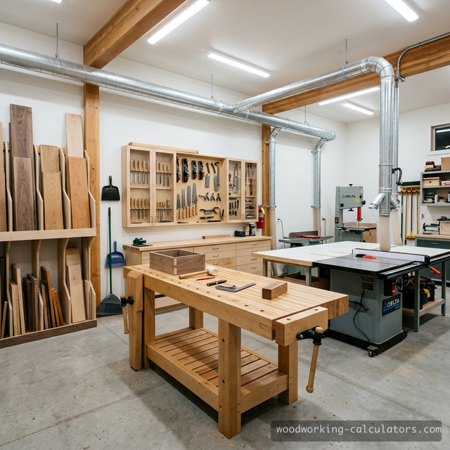 Well-organized woodworking workshop with workbench, table saw, tool cabinet, and dust collection system