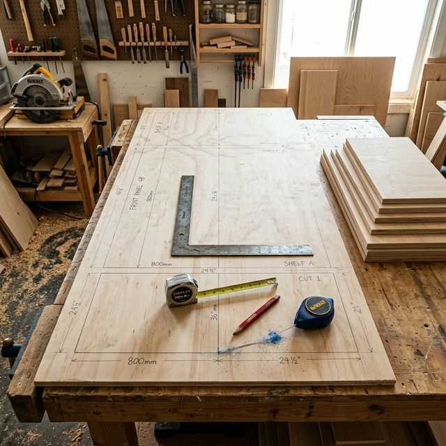 Overhead view of a woodworker's workbench with a plywood sheet marked with pencil lines and measurements, framing square and tape measure arranged for planning cuts