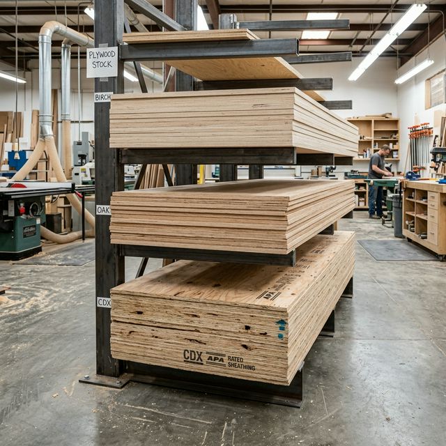 Multiple types of plywood sheets including birch, oak, and CDX stacked in a professional lumber rack at a cabinet shop
