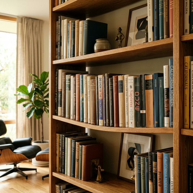 Solid red oak bookshelf loaded with hardcover books in a mid-century modern living room, showing the natural shelf deflection under weight