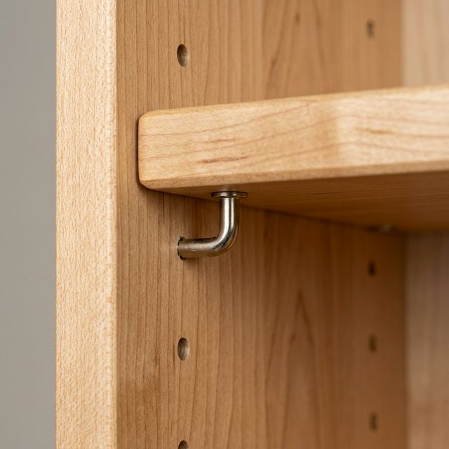 Close-up of adjustable metal shelf pins inserted into pre-drilled holes of a maple cabinet, supporting a thick solid wood shelf